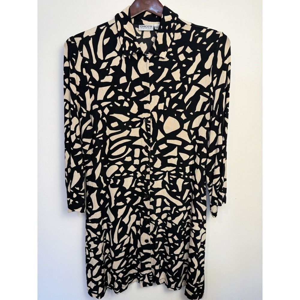 CHICO'S TRAVELERS Pebblestone Sydney Tunic Shirt Dress‎ Black/Ecru Sz 2-L/12